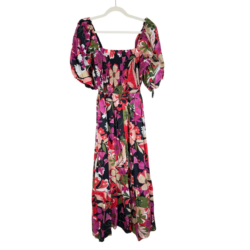 Anne Klein Floral Smocked Midi Dress Womens 10 NWT Puff Sleeve Cotton MSRP $149